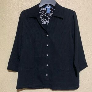 Koret Top Blouse 10 Black 3/4 Sleeve Front Buttons Polyester Rayon Front Pockets
